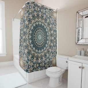 Teal and Beige Mandala Pattern Design Shower Curtain