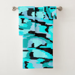Teal and Black Abstract Print  Bath Towel Set