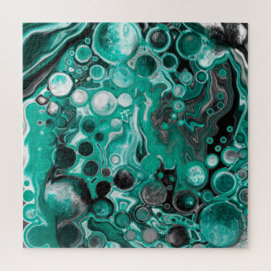 Teal and Black Bubbles Digital Fluid Art Cells Jigsaw Puzzle