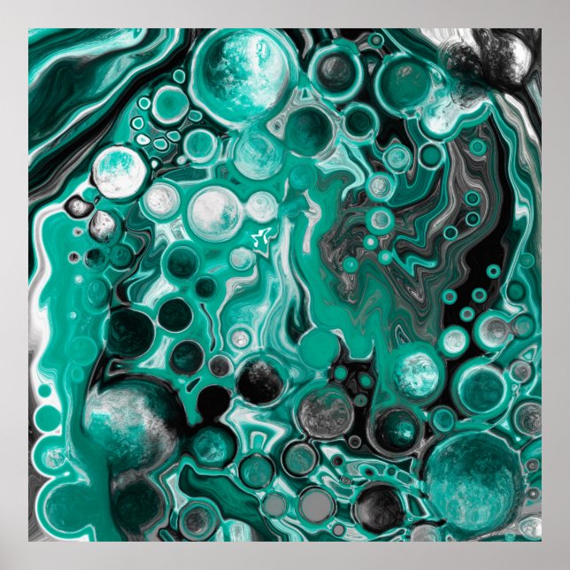 Teal and Black Bubbles Digital Fluid Art Cells    Poster (Front)
