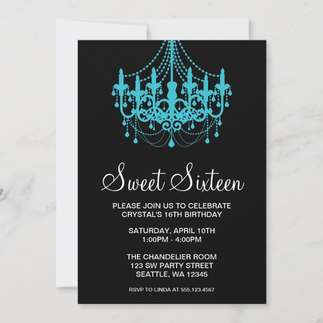 Teal and Black Chandelier Sweet Sixteen Birthday Invitation (Front)