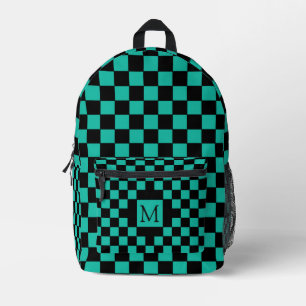 Teal and Black Chequerboard Pattern Monogram Printed Backpack