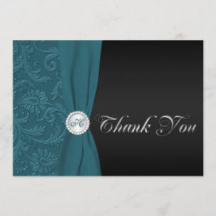 Teal and Black Damask Monogrammed Thank You Card