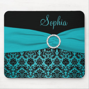 Teal and Black Damask Mousepad