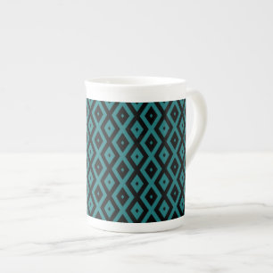 Teal and black diamond pattern bone china mug