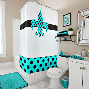 teal and black dots shower curtain