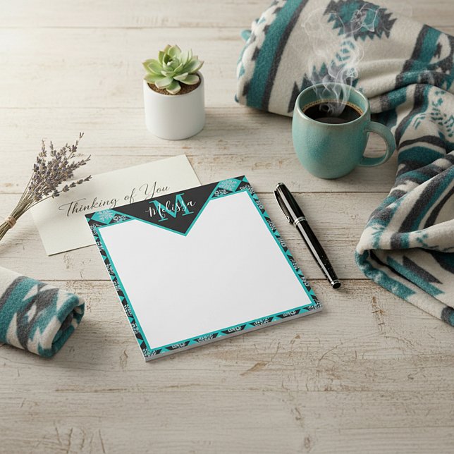 Teal and black Ethnic squares personalised   Notepad (Creator Uploaded)
