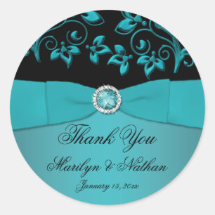 Teal and Black Floral 3" Round Thank You Sticker
