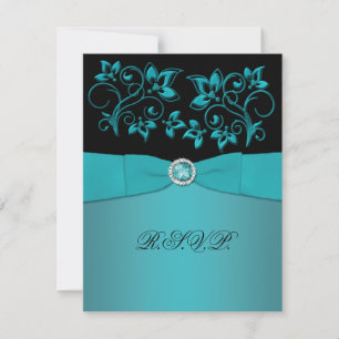 Teal and Black Floral Jewelled RSVP Card
