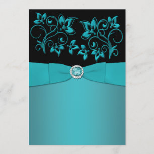 Teal and Black Floral Jewelled Wedding Invitation