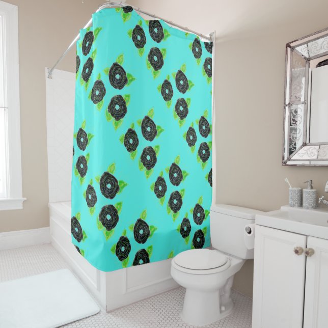 Teal And Black Flowered Shower Curtain (In Situ)
