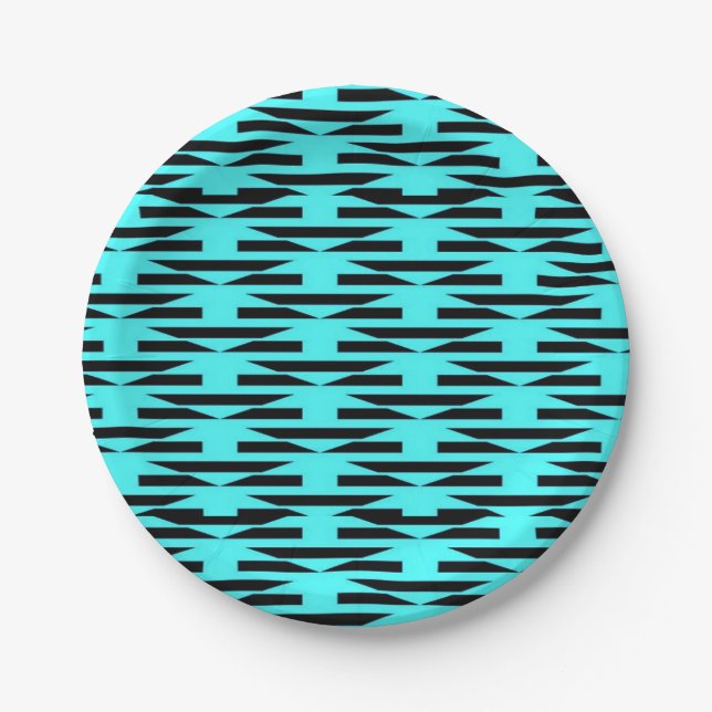 Teal and black geometric patterned paper plate (Front)