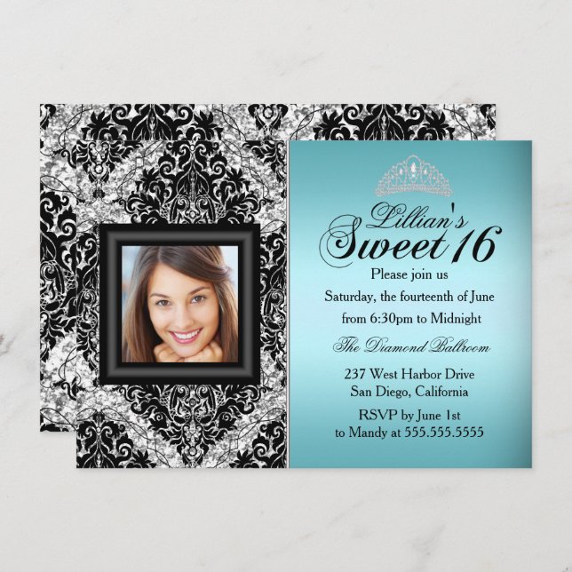 Teal and Black Glitter Damask Photo Sweet 16 Invitation (Front/Back)