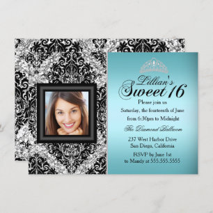 Teal and Black Glitter Damask Photo Sweet 16 Invitation