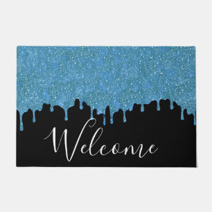 Teal and Black Glitter Drips Welcome Door Mat