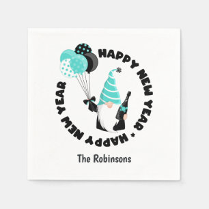 Teal and Black Gnome Celebrating New Year Napkin