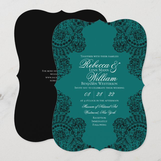 Teal and Black Lace Elegant Gothic Wedding Invitation (Front/Back)
