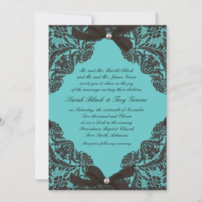 Teal and Black Lace wedding invitation (Front)