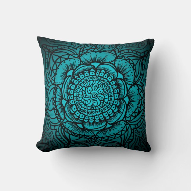Teal and Black Mandala Pillow (Front)