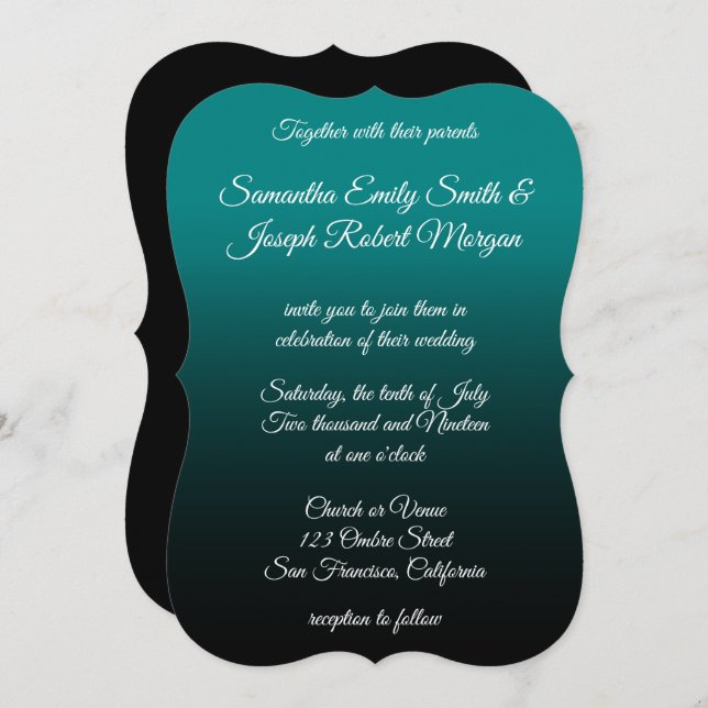 Teal and Black Ombre Elegant Calligraphy Wedding Invitation (Front/Back)