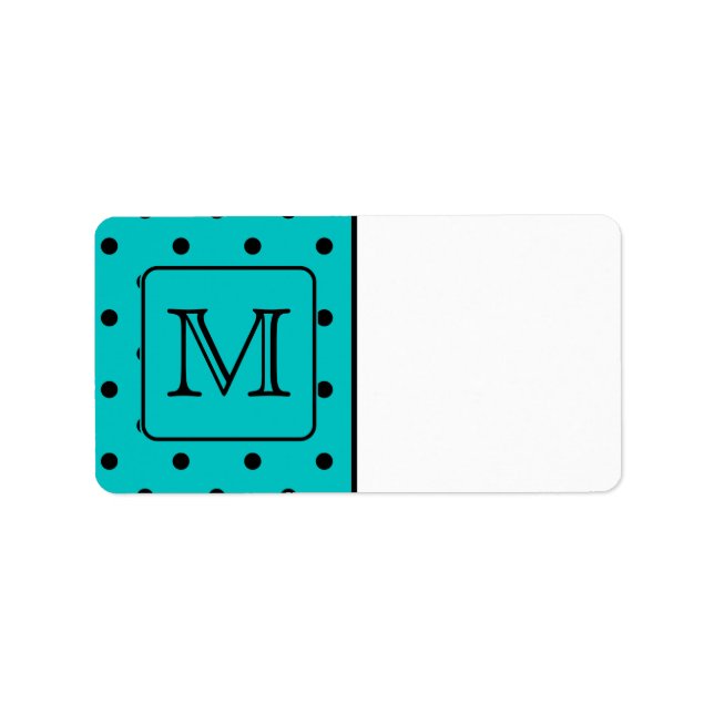 Teal and Black Polka Dot Pattern. Custom Monogram. Label (Front)