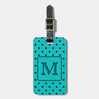 Teal and Black Polka Dot Pattern. Custom Monogram. Luggage Tag