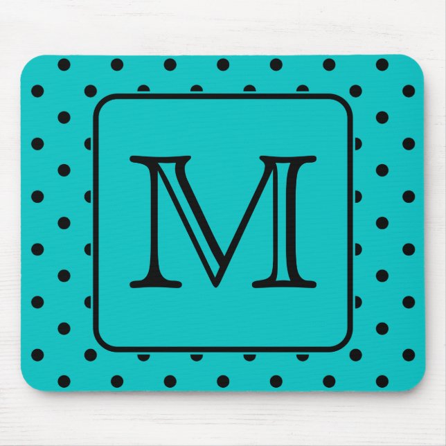 Teal and Black Polka Dot Pattern. Custom Monogram. Mouse Mat (Front)
