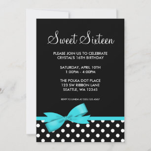 Teal and Black Polka Dots Bow Sweet 16 Birthday Invitation