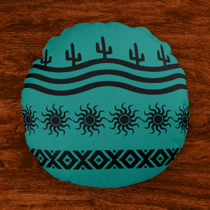 Teal And Black Southwestern Pattern Round Cushion