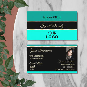 Teal and Black Stripes Stylish with Logo & Photo Business Card
