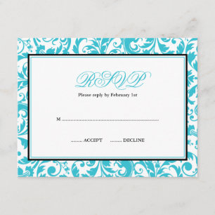 Teal and Black Swirl Damask Bat Mitzvah RSVP Card