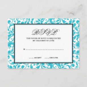 Teal and Black Swirl Damask Response Card