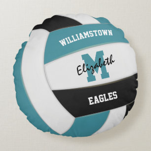 teal and black team colours girls boys volleyball round cushion