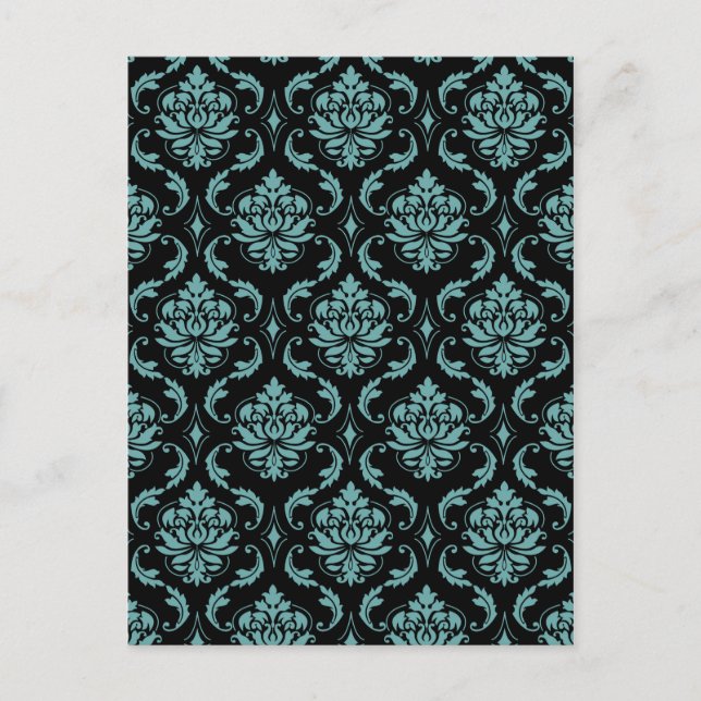 Teal and Black Vintage Damask Pattern Postcard (Front)