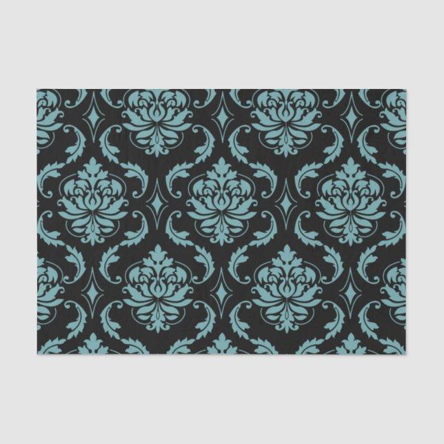 Teal and Black Vintage Damask Pattern Tissue Paper (Front)
