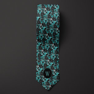 Teal and Black Watercolor Floral Monogram Tie