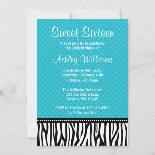 Teal and Black Zebra Polka Dot Sweet 16 Invitation