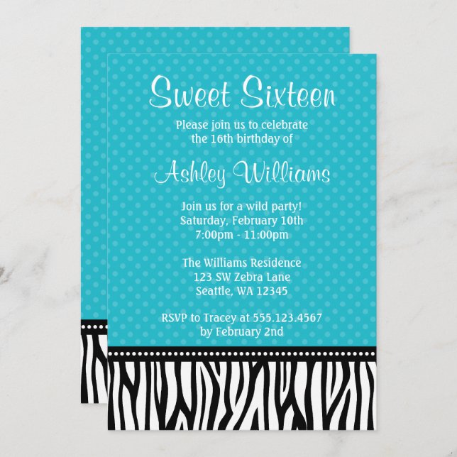 Teal and Black Zebra Polka Dot Sweet 16 Invitation (Front/Back)