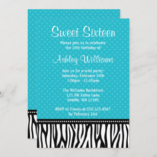 Teal and Black Zebra Polka Dot Sweet 16 Invitation