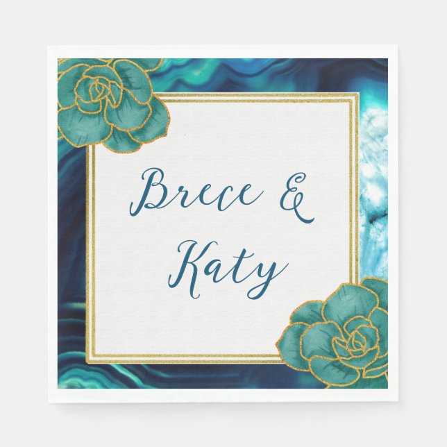 Teal and Blue Floral Agate  Napkin (Front)