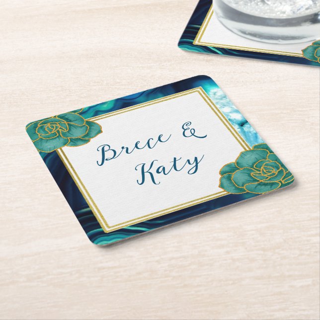 Teal and Blue Floral Agate  Square Paper Coaster (Angled)