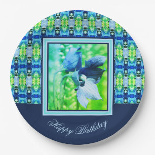 Teal and Blue Flowered Paper Plate
