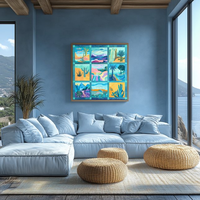 Teal and Blue Framed Desert Art Grid – Colourful Poster (Creator Uploaded)
