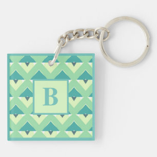 Teal and Blue Geometric Pattern Monogram Key Ring