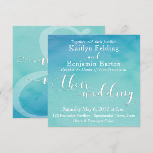 Teal and Blue Ombre Watercolor White Typography 4 Invitation