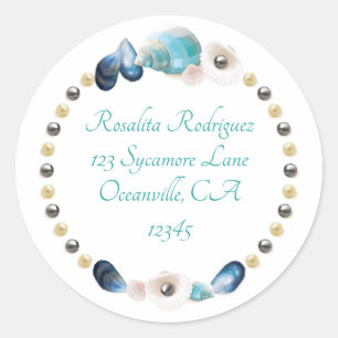 Teal and Blue Seashells and Pearls Return Address Classic Round Sticker