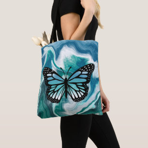 Teal and Blue Turquoise Marble Butterfly Tote Bag