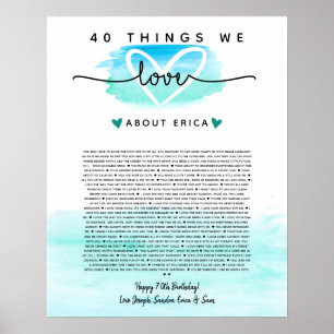 teal and blue watercolor 40 reasons we love you poster