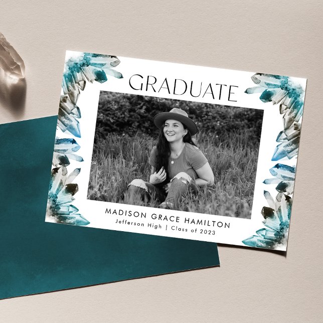 Teal and Blue Watercolor Crystal Photo Graduation Announcement (Creator Uploaded)
