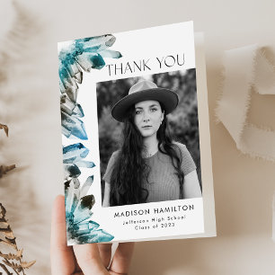 Teal and Blue Watercolor Crystals Photo Graduation Thank You Card